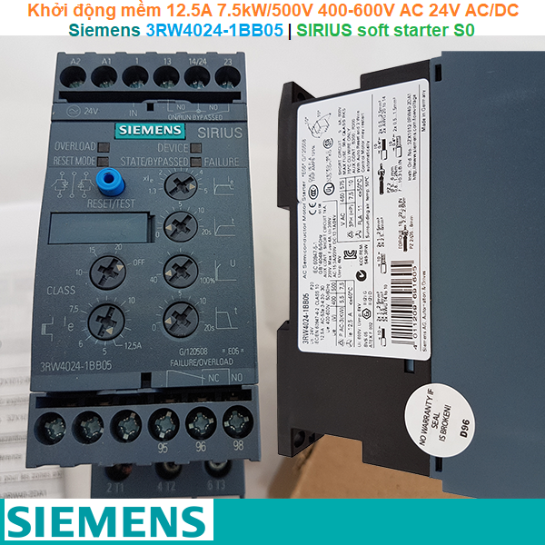 Siemens 3RW4024-1BB05 | Khởi động mềm SIRIUS soft starter S0 12.5A 7.5kW/500V 400-600V AC 24V AC/DC Screw terminals