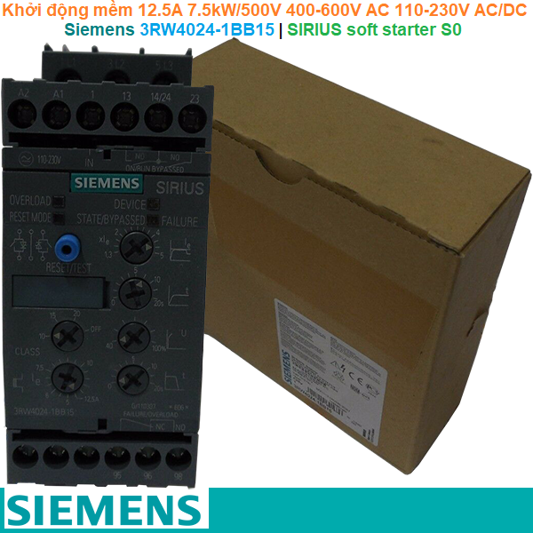 Siemens 3RW4024-1BB15 | Khởi động mềm SIRIUS soft starter S0 12.5A 7.5kW/500V 400-600V AC 110-230V AC/DC Screw terminals