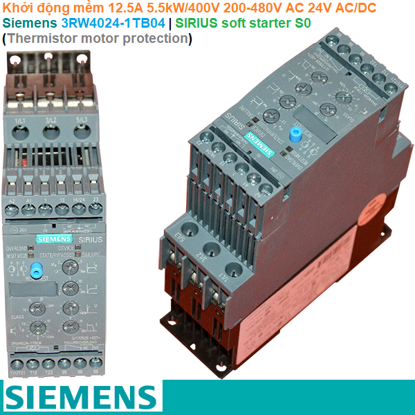 Siemens 3RW4024-1TB04 | Khởi động mềm SIRIUS soft starter S0 12.5A 5.5kW/400V 200-480V AC 24V AC/DC Thermistor motor protection
