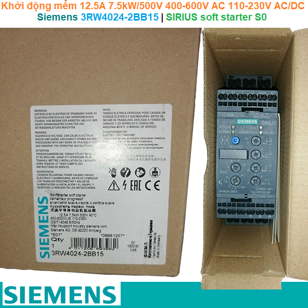 Siemens 3RW4024-2BB15 | Khởi động mềm SIRIUS soft starter S0 12.5A 7.5kW/500V 400-600V AC 110-230V AC/DC Spring terminals