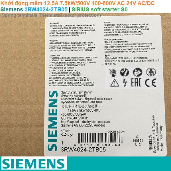 Siemens 3RW4024-2TB05 | Khởi động mềm SIRIUS soft starter S0 12.5A 7.5kW/500V 400-600V AC 24V AC/DC Spring terminals Thermistor motor protection