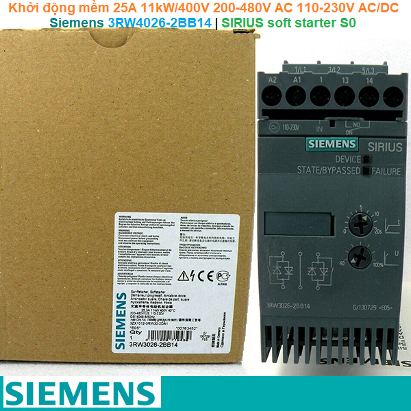 Siemens 3RW4026-2BB14 | Khởi động mềm SIRIUS soft starter S0 25A 11kW/400V 200-480V AC 110-230V AC/DC Spring terminals