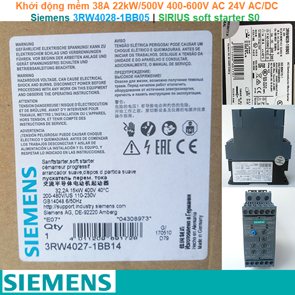 Siemens 3RW4028-1BB05 | Khởi động mềm SIRIUS soft starter S0 38A 22kW/500V 400-600V AC 24V AC/DC Screw terminals