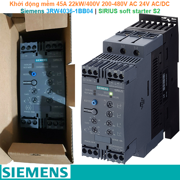 Siemens 3RW4036-1BB04 | Khởi động mềm SIRIUS soft starter S2 45A 22kW/400V 200-480V AC 24V AC/DC Screw terminals