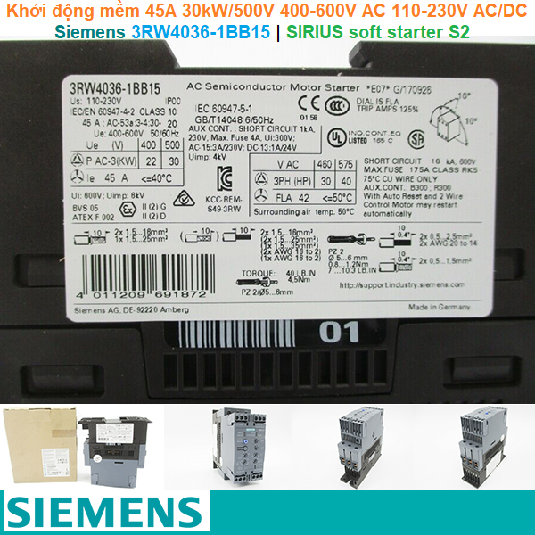 Siemens 3RW4036-1BB15 | Khởi động mềm SIRIUS soft starter S2 45A 30kW/500V 400-600V AC 110-230V AC/DC Screw terminals