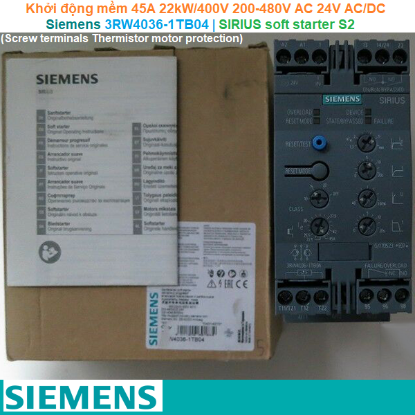 Siemens 3RW4036-1TB04 | Khởi động mềm SIRIUS soft starter S2 45A 22kW/400V 200-480V AC 24V AC/DC Screw terminals Thermistor motor protection