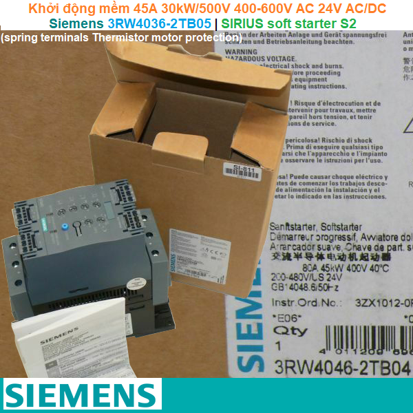 Siemens 3RW4036-2TB05 | Khởi động mềm SIRIUS soft starter S2 45A 30kW/500V 400-600V AC 24V AC/DC spring terminals Thermistor motor protection