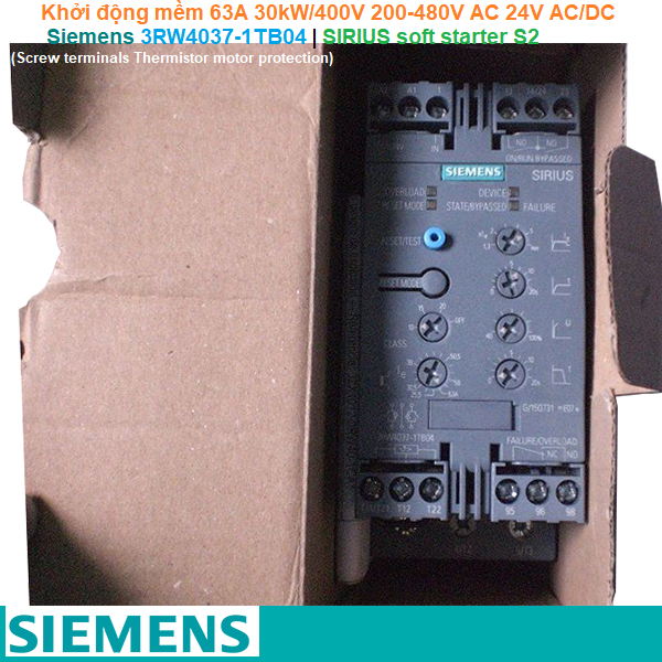 Siemens 3RW4037-1TB04 | Khởi động mềm SIRIUS soft starter S2 63A 30kW/400V 200-480V AC 24V AC/DC Screw terminals Thermistor motor protection