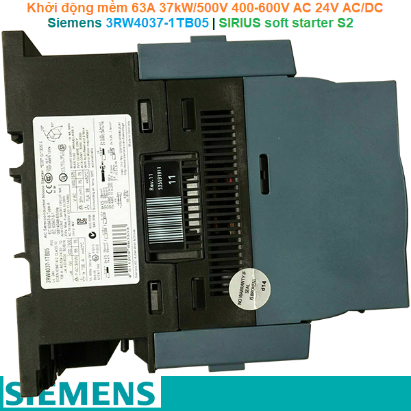 Siemens 3RW4037-1TB05 | Khởi động mềm SIRIUS soft starter S2 63A 37kW/500V 400-600V AC 24V AC/DC Screw terminals Thermistor motor protection