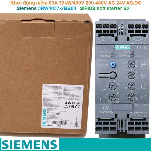 Siemens 3RW4037-2BB04 | Khởi động mềm SIRIUS soft starter S2 63A 30kW/400V 200-480V AC 24V AC/DC spring-type terminals