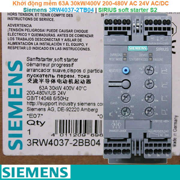 Siemens 3RW4037-2TB04 | Khởi động mềm SIRIUS soft starter S2 63A 30kW/400V 200-480V AC 24V AC/DC spring-type terminals Thermistor motor protection