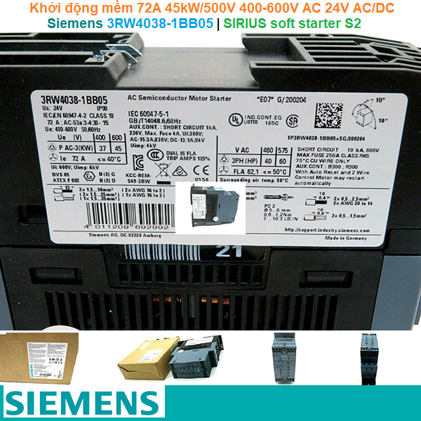 Siemens 3RW4038-1BB05 | Khởi động mềm SIRIUS soft starter S2 72A 45kW/500V 400-600V AC 24V AC/DC Screw terminals