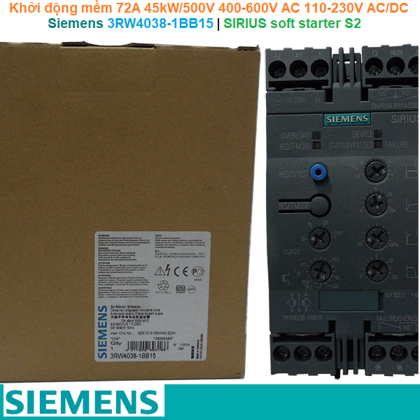 Siemens 3RW4038-1BB15 | Khởi động mềm SIRIUS soft starter S2 72A 45kW/500V 400-600V AC 110-230V AC/DC Screw terminals