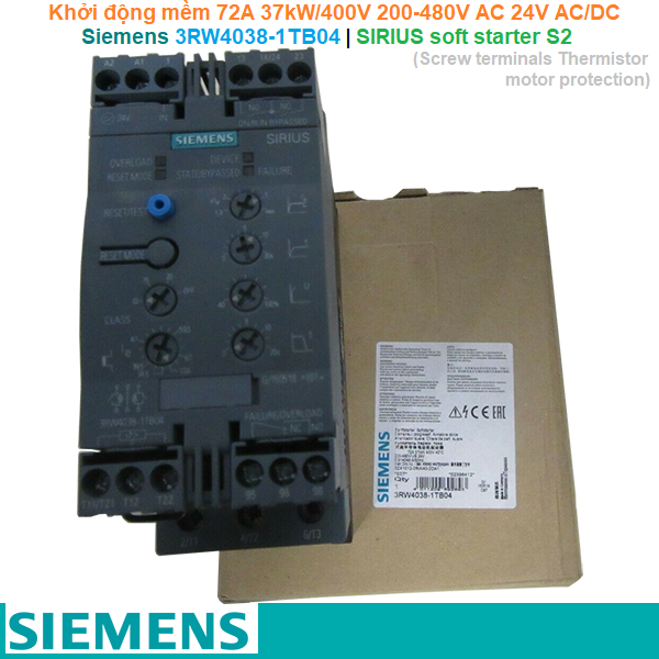 Siemens 3RW4038-1TB04 | Khởi động mềm SIRIUS soft starter S2 72A 37kW/400V 200-480V AC 24V AC/DC Screw terminals Thermistor motor protection