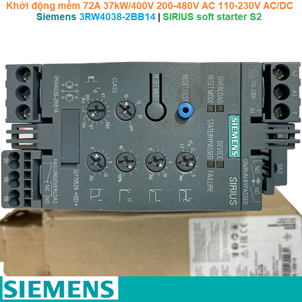 Siemens 3RW4038-2BB14 | Khởi động mềm SIRIUS soft starter S2 72A 37kW/400V 200-480V AC 110-230V AC/DC spring terminals