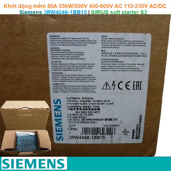Siemens 3RW4046-1BB15 | Khởi động mềm SIRIUS soft starter S3 80A 55kW/500V 400-600V AC 110-230V AC/DC Screw terminals