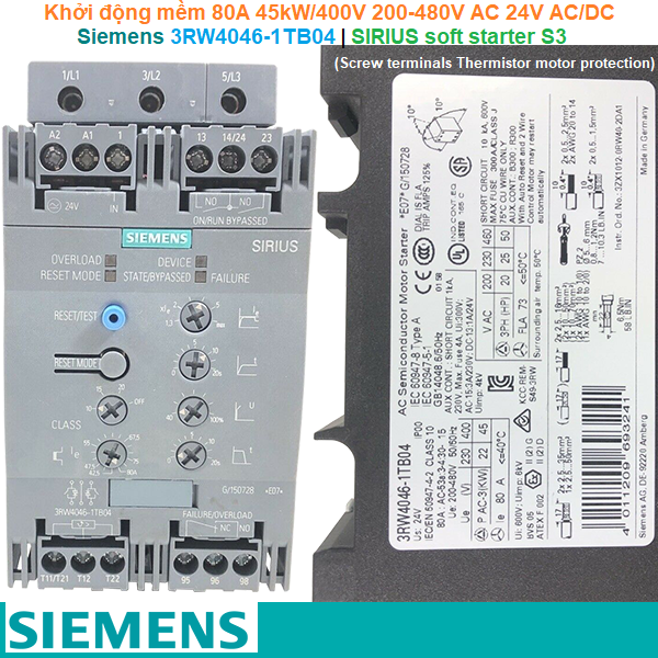 Siemens 3RW4046-1TB04 | Khởi động mềm SIRIUS soft starter S3 80A 45kW/400V 200-480V AC 24V AC/DC Screw terminals Thermistor motor protection