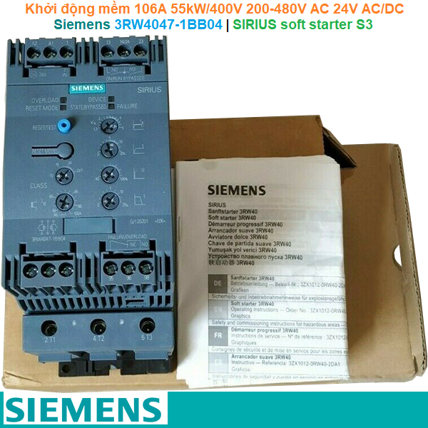 Siemens 3RW4047-1BB04 | Khởi động mềm SIRIUS soft starter S3 106A 55kW/400V 200-480V AC 24V AC/DC Screw terminals