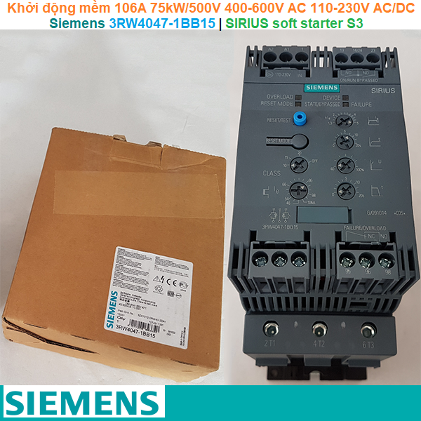 Siemens 3RW4047-1BB15 | Khởi động mềm SIRIUS soft starter S3 106A 75kW/500V 400-600V AC 110-230V AC/DC Screw terminals