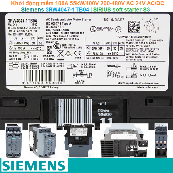 Siemens 3RW4047-1TB04 | Khởi động mềm SIRIUS soft starter S3 106A 55kW/400V 200-480V AC 24V AC/DC Screw terminals Thermistor motor protection