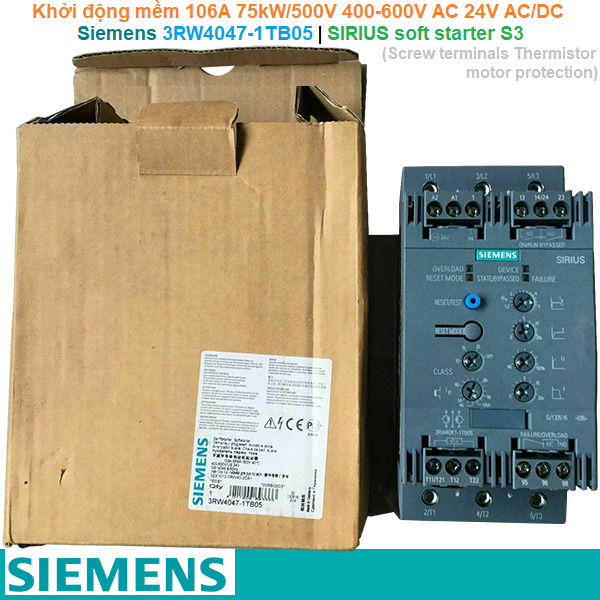 Siemens 3RW4047-1TB05 | Khởi động mềm SIRIUS soft starter S3 106A 75kW/500V 400-600V AC 24V AC/DC Screw terminals Thermistor motor protection