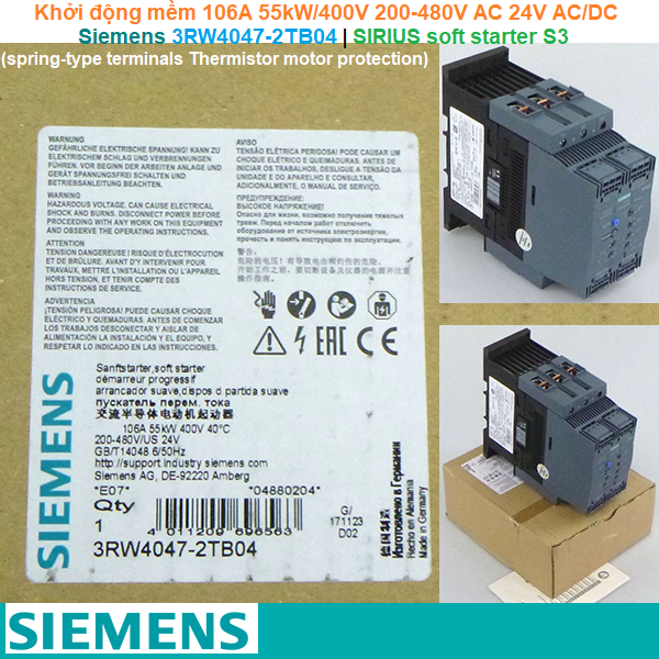 Siemens 3RW4047-2TB04 | Khởi động mềm SIRIUS soft starter S3 106A 55kW/400V 200-480V AC 24V AC/DC spring-type terminals Thermistor motor protection