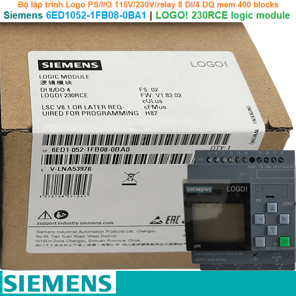 Siemens 6ED1052-1FB08-0BA1 | LOGO! 230RCE logic module -Bộ lập trình Logo PS/I/O 115V/230V/relay 8 DI/4 DQ 400 blocks