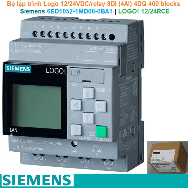 Siemens 6ED1052-1MD08-0BA1 | LOGO! 12/24RCE logic module -Bộ lập trình Logo 12/24VDC/relay 8DI (4AI) 4DQ 400 blocks