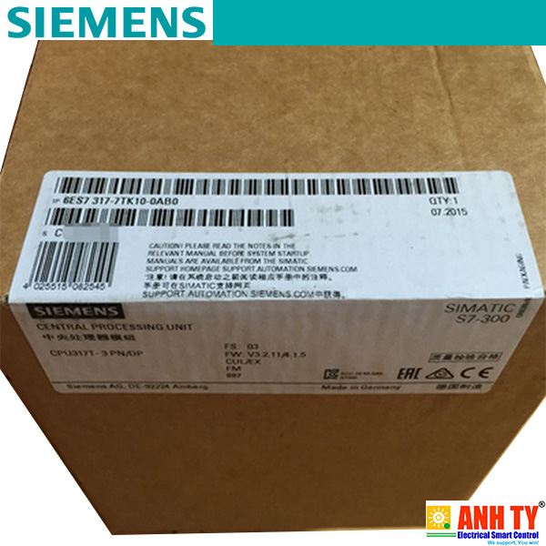 Siemens 6ES7317-7TK10-0AB0 | CPU 317T-3 PN/DP -Bộ lập trình PLC SIMATIC S7-300 Mem 1024KB 1st interface MPI/DP 12Mbit/s DP drive Ethernet PROFINET Switch 2-Cổng Tích hợp Tech I/O