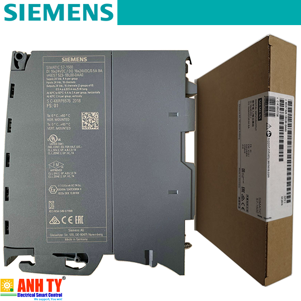 Siemens 6ES7523-1BL00-0AA0 | SIMATIC S7-1500 digital input/output module -Mô-đun đầu vào/ra kỹ thuật số DI16x 24VDC BA 16-kênh nhóm 16 Delay Cat. 3 IEC 61131 DQ16XDC 24V 0,5A BA 16 kênh nhóm 8 4A SIL2 EN IEC 62061 Cat. 2 / PL c EN ISO 13849-1