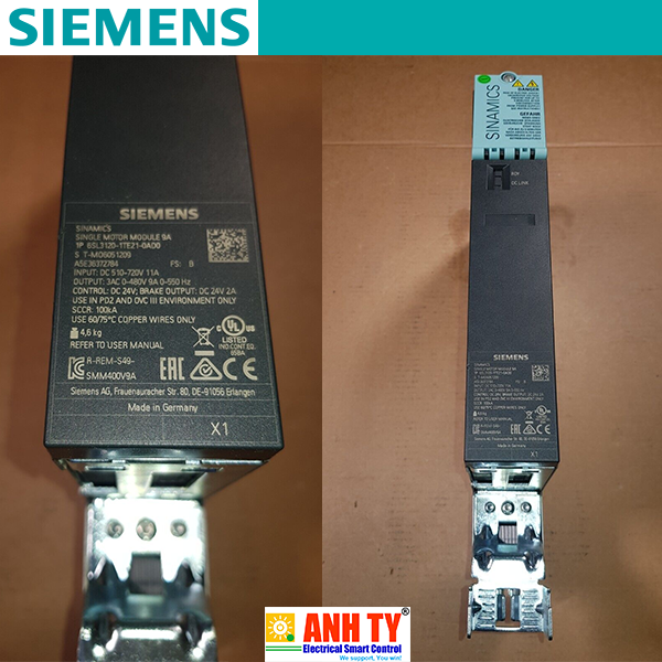 Siemens 6SL3120-1TE21-0AD0 | SINAMICS S120 Single motor module -Mô-đun động cơ đơn DC 600V 3-PH 400V 9A Booksize D-type Làm mát bằng không khí bên trong Xung tối ưu Tích hợp an toàn mở rộng Cáp DRIVE-CLIQ