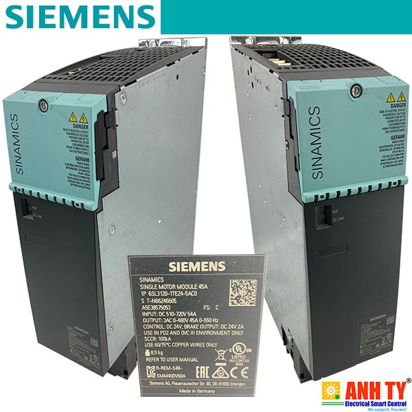 Siemens 6SL3120-1TE24-5AC0 | SINAMICS S120 Single motor module -Mô-đun động cơ đơn DC 600V 3AC 400V 45A Booksize C-Type Làm mát bằng không khí bên trong Tích hợp an toàn mở rộng Cáp Drive-CLIQ
