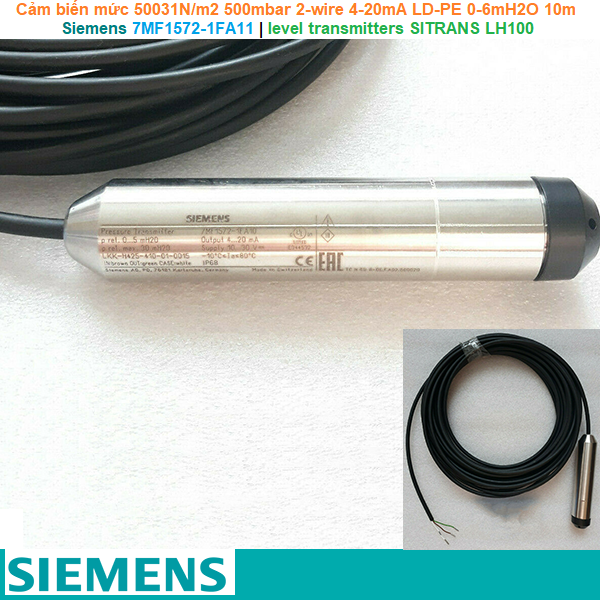 Siemens 7MF1572-1FA11 | Cảm biến áp suất đo mức thủy tĩnh SITRANS LH100 LH100 50031N/m2 500mbar 2-wire 4-20mA LD-PE 0-6mH2O 10m FPM ATEX II1 G Ex