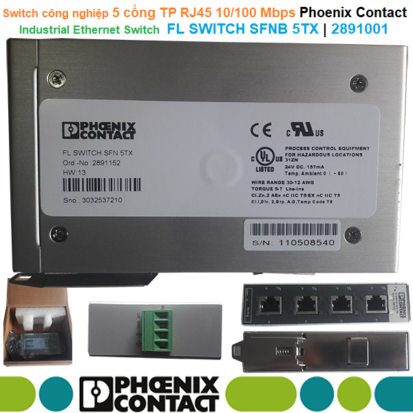 Switch công nghiệp 5 cổng TP RJ45 10/100 Mbps signal LEDs - Phoenix Contact - Industrial Ethernet Switch FL SWITCH SFNB 5TX | 2891001