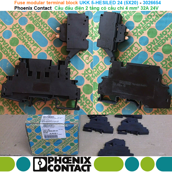 Phoenix Contact UKK 5-HESILED 24 (5X20) - 3026654 Fuse modular terminal block - Cầu đấu điện 2 tầng có cầu chì 4 mm² 32A 24V