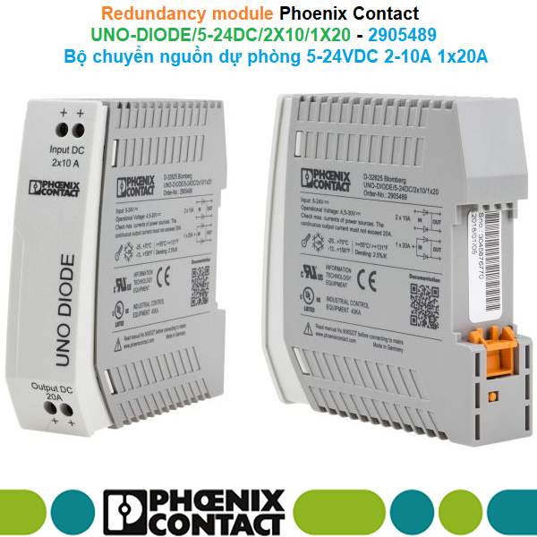 Phoenix Contact UNO-DIODE/5-24DC/2X10/1X20 - 2905489 Redundancy module - Bộ chuyển nguồn dự phòng 5-24VDC 2x10A 1x20A