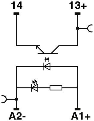 Circuit diagram Phoenix Contact RIF-0-OPT-24DC/24DC/2  2905293: Pre-assembled solid-state relay module with push-in connection, consisting of: relay base with ejector and plug-in miniature solid-state relay; Input voltage 24VDC; Output 3-33VDC 3A
