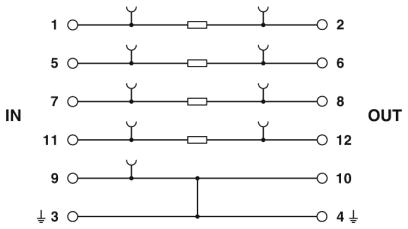 Circuit diagram Đế cắm của Bộ phận lug cắm chống sét lan truyền đường tín hiệu analog - Phoenix Contact - Surge protection base element - PT 2X2-BE - 2839208