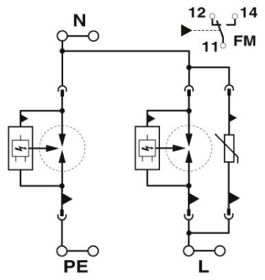 Circuit diagram Thiết bị chống sét lan truyền đường nguồn T1 + T2 1P (L1, PE, N) - Phoenix Contact - FLT-SEC-T1+T2-1S-350/25-FM - 2905466
