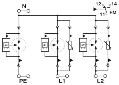 Circuit diagram Thiết bị chống sét lan truyền đường nguồn T1 + T2 2P (L1, L2, PE, N) - Phoenix Contact - FLT-SEC-T1+T2-2S-350/25-FM - 2905468