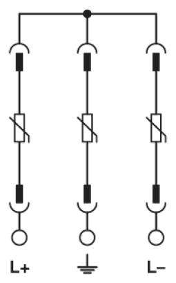 Circuit diagram Thiết bị kết hợp cắt sét và chống sét lan truyền T1+T2 cho điện mặt trời 1000vDC Phoenix Contact - VAL-MS-T1/T2 1000DC-PV/2+V - 2801160