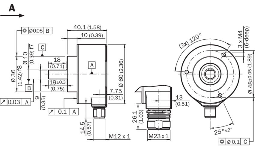 Bộ mã hóa vòng quay tương đối Incremental encoders - SICK - DFS60B-S4CC01024 (1038921) Dimensional drawing Face mount flange, radial plug connection M12 and M23 Dimensions in mm (inch)  General tolerances according to DIN ISO 2768-mk