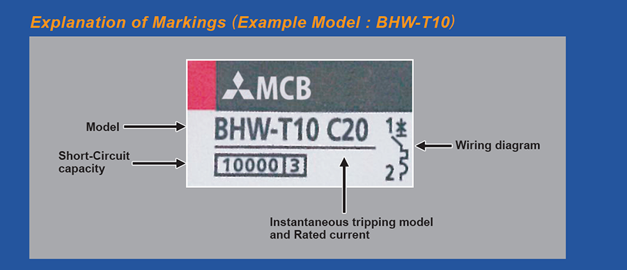 Giải thích ký hiệu CB tép MCB - Mitsubishi Electric - BHW-T10 1P+N 3...125A 10kA 240~415vAC Type C