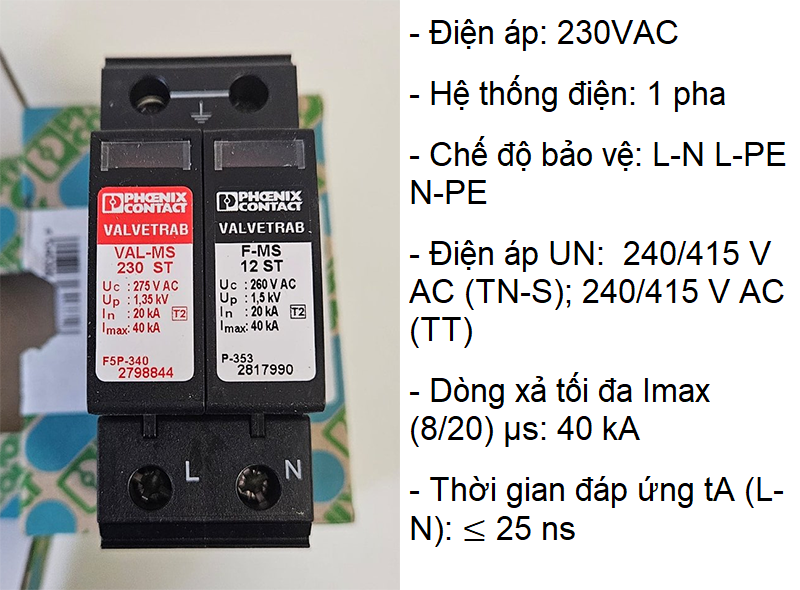 Chống sét lan truyền T2 40kA 25ns, 1P, L-N L-PE N-PE lọc sét và chống sốc điện áp do sét lan truyền gây quá tải hệ hống điện; CO CQ, BH 12 tháng, có CK