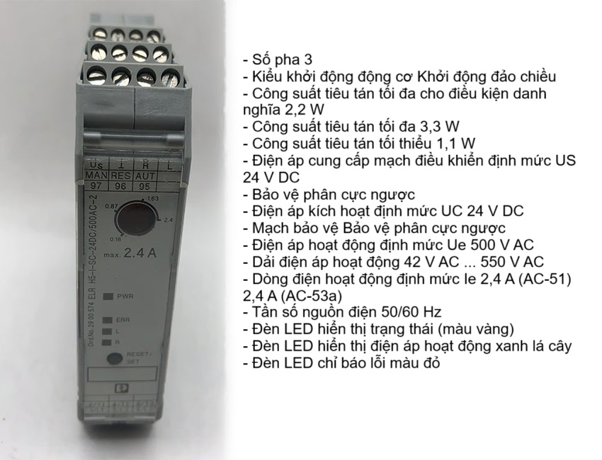 Khởi động động cơ hỗn hợp (Hybrid motor starter), để đảo ngược động cơ 3AC lên đến 500VAC và dòng điện đầu ra 2.4A, với điện áp điều khiển 24VDC, chức năng tắt quá tải có thể điều chỉnh và kết nối bằng vít.