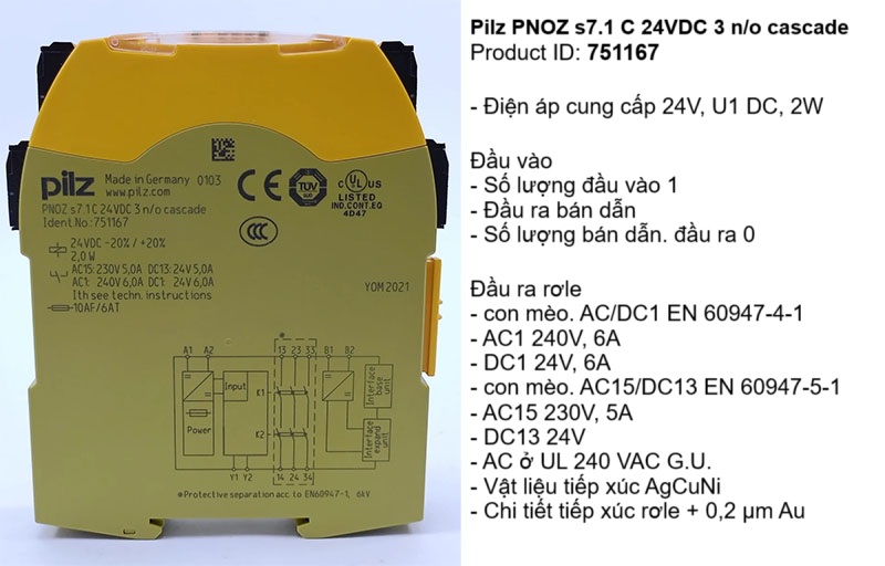 Điện áp cấp 24V, U1 DC, 2W; Đầu vào, 1xđầu vào, 0xĐầu ra bán dẫn; Đầu ra rơle, cat. AC/DC1 EN 60947-4-1, AC1 240V, 6A, DC1 24V, 6A, cat. AC15/DC13 EN 60947-5-1, AC15 230V, 5A, DC13 24V, AC ở UL 240 VAC G.U., Tiếp điểm AgCuNi, tiếp điểm rơle + 0,2 µm Au