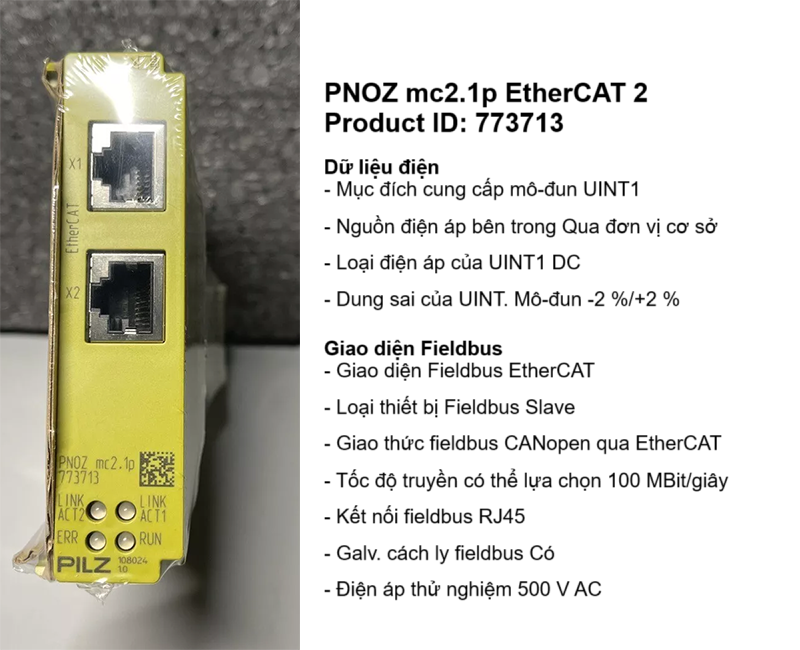 Cấp nguồn mô-đun UINT1, UINT1 DC, dung sai -2 %/+2 %; Giao diện Fieldbus - Fieldbus EtherCAT, Fieldbus Slave, fieldbus CANopen qua EtherCAT, Tốc độ100 MBit/giây, fieldbus RJ45, có cách ly, 500VAC