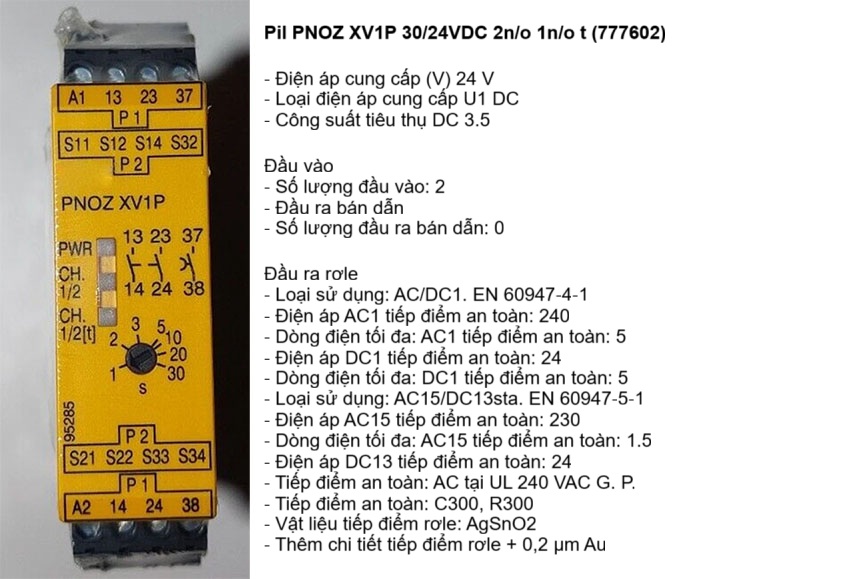 Thông số kỹ thuật ơ le an toàn Pilz PNOZ XV1P 30/24VDC 2n/o 1n/o t 777602