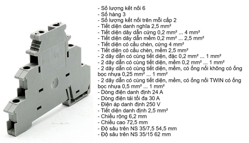 6 kết nối 6, 3 hàng, 2 kết nối trên mỗi cấp, Tiết diện 2.5mm², Ren vít M3, Dòng 24A, Dòng Max 30A, Điện áp 250V, Chiều rộng 6.2mm, Chiều cao 72.5mm, Độ sâu trên NS 35/7.5 54.5mm, Độ sâu trên NS 35/15 62mm