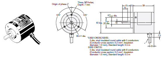 Kích thước Bộ mã hóa vòng quay tương đối Incremental encoders - Omron - E6B2-C Incremental 40-mm-dia
